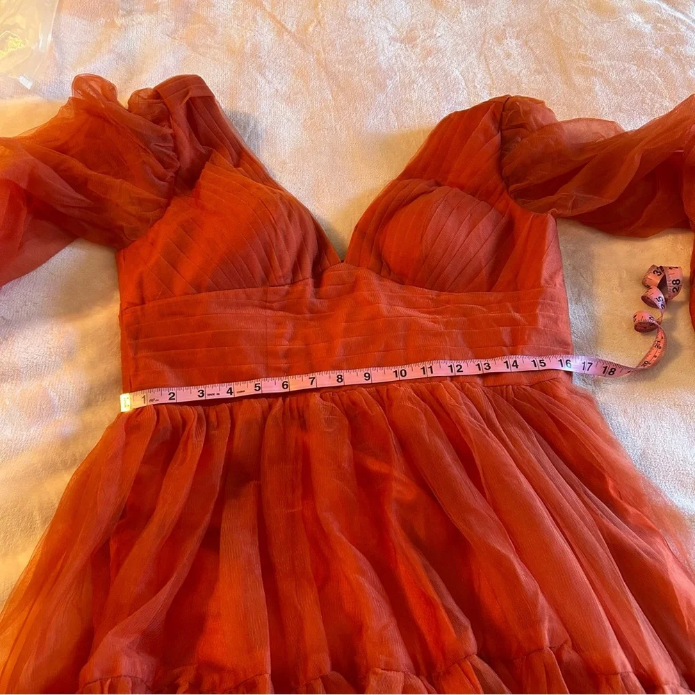 NWOT burnt orange tulle puffy sleeve long prom dress size 10 bridesmaid formal - Picture 8 of 8